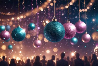 The primary subject of the image is a group of people standing together in a dark room, with Christmas lights hanging from the ceiling. The setting appears to be a festive gathering or event, possibly a party or a holiday celebration. The visual style of the image is a combination of a photo and digital art, creating a unique and captivating atmosphere. The dominant colors in the image are purple, blue, and pink, which are the colors of the Christmas lights, adding a festive and joyful mood